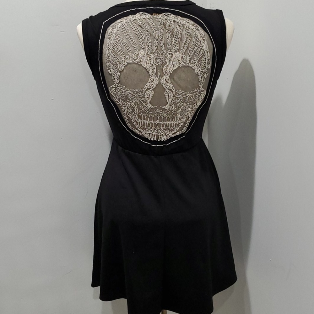 Audrey 3+1 Skull Skater Little Black Goth Dress Size Small